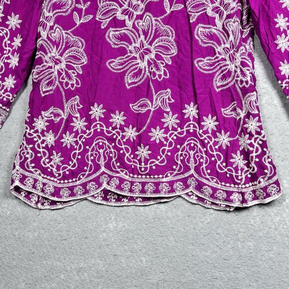 Solitaire Tunic Top Medium Floral Embroidered Scallop Trim Pullover Boho Blouse - Picture 3 of 11